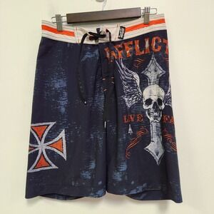 Affliction Mens Y2K Board Shorts Size 30 Black Grunge Skull Cross Biker Goth